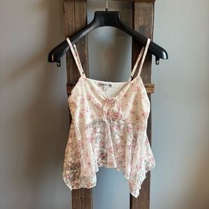 Madden Girl Tank Top Womens Size L White Floral Lace Trim Tie-Front Y2K Babydoll